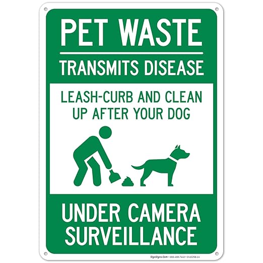 Pet Waste Leash-Curb and Clean Up After Your Dog Under Camera Surveillance Sign, 10x14 Inches, 55 mil Thick HDPS (high Density polystyrene), Made in USA
