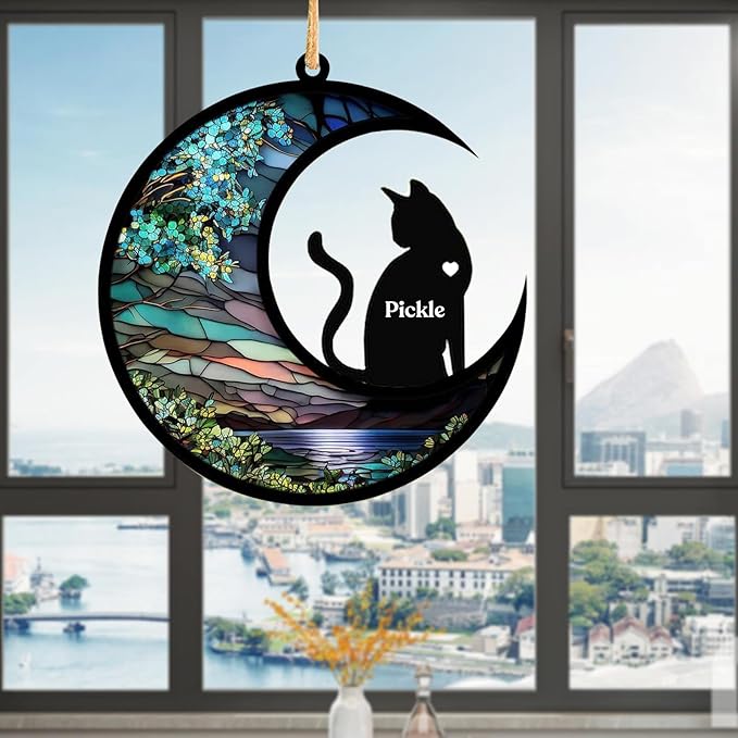 Cat Memorial Suncatcher, Personalized Pet Breeds Suncatcher with Name Date, Pet Loss Suncatcher, Stained Glass Light Catcher, Cat Memorials & funerary, Gifts for Pet Loss (Cat Pattern)