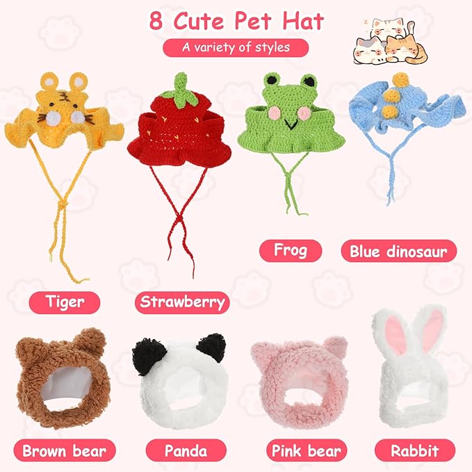 8 Pcs Cat Costume Hats, Cat Costume Halloween Bunny Hat Outfit with Ears, Cute Bear Pet Hat, Funny Pet Hats for Kitten and Small Dogs Puppy Party Christmas Easter Accessory Headwear