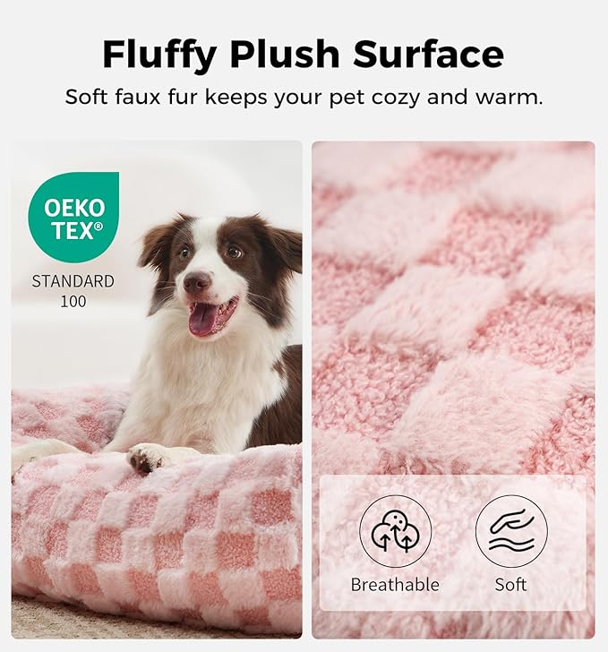 Made4Pets Dog Couch Bed, Soft Faux Fur Checkered Indoor Pet Sofa, Comfortable Fluffy Dog Sofa with Supportive Foam, Removable Washable Cover with Non-Slip Base, Pink, Large