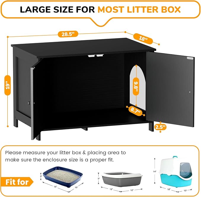 Cat Litter Box Enclosure Furniture Dog Proof, Hidden Kitty Washroom Cabinet Low Entry, Wooden Cat Boxes Enclosure Odor Control for Home, Farmhouse Style Decorative TV Stand with Storage, Black