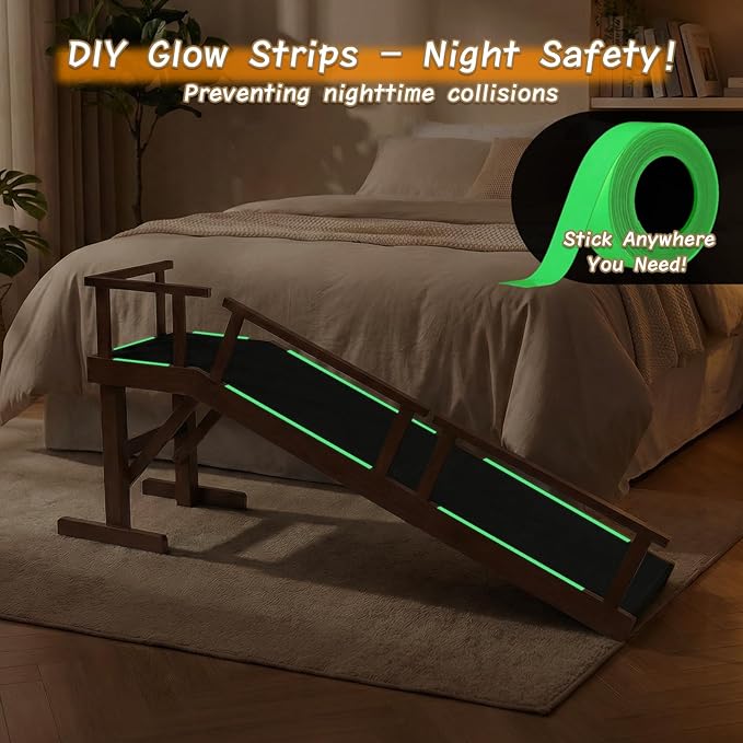 61" Dog Ramp for Bed,Birchwood Pet Ramp with Removable Side Rail and Non-Slip Surface, Pet Ramp for Small & Large Dogs with Rest Platform and DIY Glow Strips,Dog Stairs for Couch, Brown
