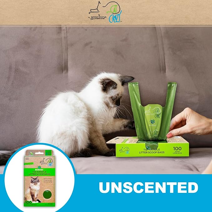 Greenbone Biobase Cat Litter Bags Unscented Tie-Handle Litter Box Bags - 100 Pet Waste Bags - Large 14 Inch x 7.5 Inch