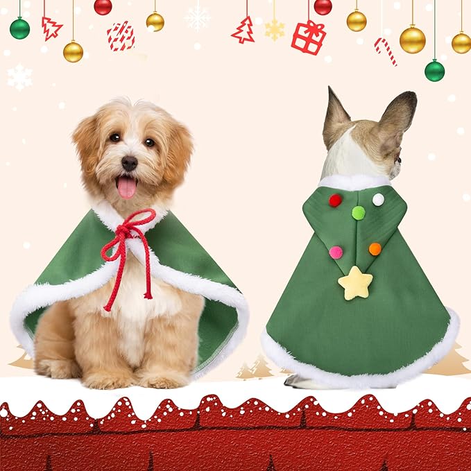 Cat Christmas Cape, Dog Soft Thick Xmas Cloak with Velvet Stars Hat, Pets Christmas Costume Dogs Cats Santa Claus Outfits for Goose Rabbit, M