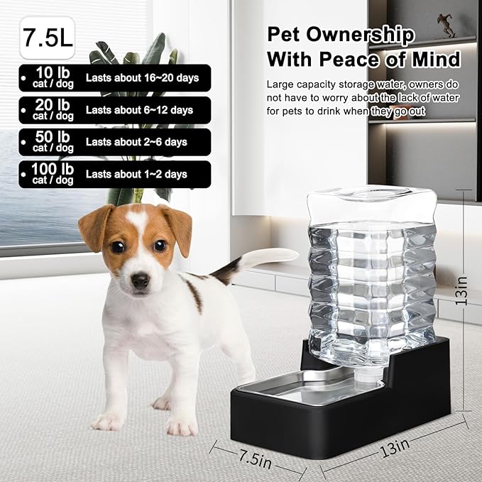 RIZZARI Stainless Steel Pet Water Feeder: 8L Gravity Waterer, Leak-Proof Auto Refill - Anti-Tip Stay-Put Base - No Power Needed - Easy Clean - for 20-35 lb Dogs - Home/Kitchen/Living Room