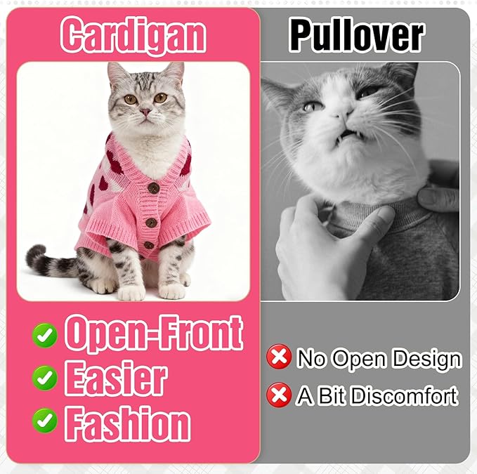 EXPAWLORER Cat Valentines Outfit Sweater Cardigan - Valentine's Day Knit Cat Clothes, Soft Puppy Sweater with Sleeve, Cute Warm Pet Clothing Knitwear, Kitten Coat for Girl Boy Cats, Love Heart L