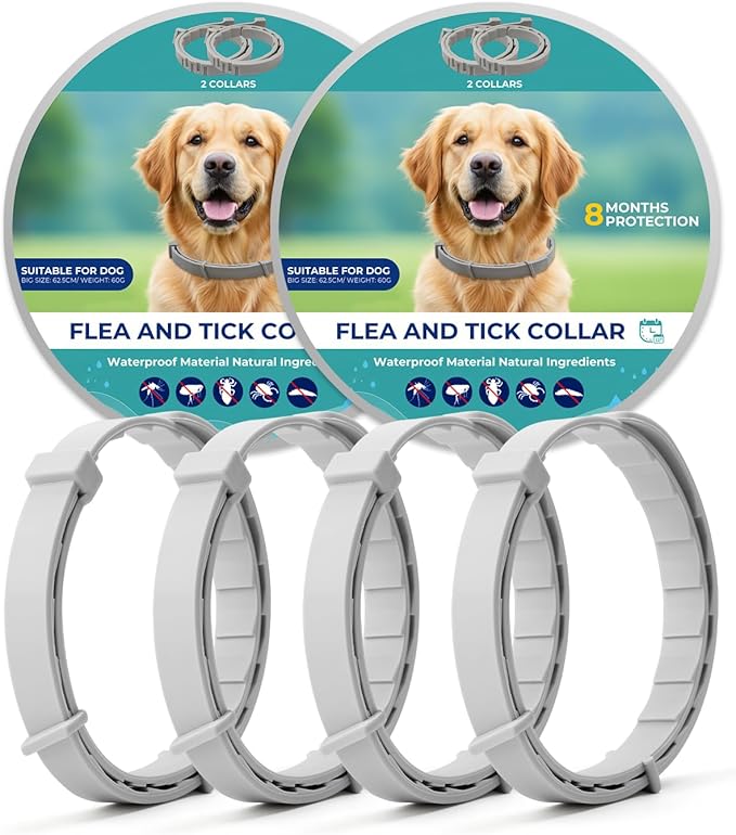 Flea Collar for Dogs, Natural Essential Oil, Waterproof & Adjustable Design, Long-Lasting Protection for Small Dogs & Puppies, Soft Upgraded Material, Grey (4-Pack)