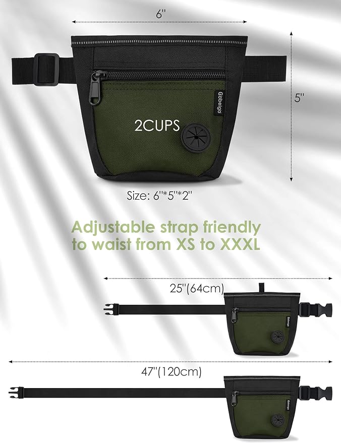 Gobeigo Dog Treat Pouch and Training Clicker, Upgrade Two Magnetic Closure to Prevent Spills, 2 Cup Treat Bag with Poop Bag Dispenser, Metal Clip Waist Belt Fanny Pack for Pet Walk (Black/Army Green)