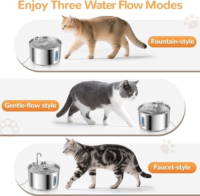 Cat Water Fountain Stainless Steel, 135oz/4L with Adjustable Pump & 3 Flow Modes, Ultra-Quiet Automatic Cat Dog Water Dispenser, Large Capacity Water Fountain for Cats, Dogs, Multiple Pets