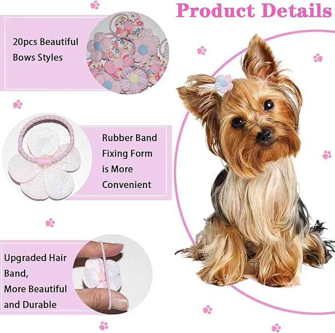 20 Pcs Handmade Cute Puppy Hair Bows, Flower Bowknot with Rubber Bands for Small Dog Hair Ties Accessories Peach Pink