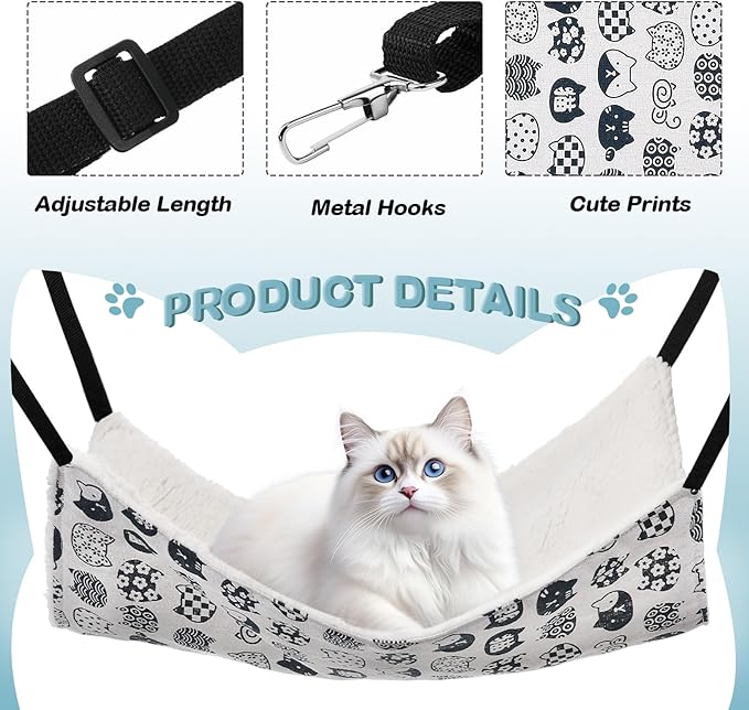 4 Pack Cat Hammock for Cage, Reversible Cat Hanging Hammock Soft Large Double Sided Pet Bed with Adjustable Straps & Metal Hooks for Cats Ferret Kitten Puppy Rabbits Small Animals