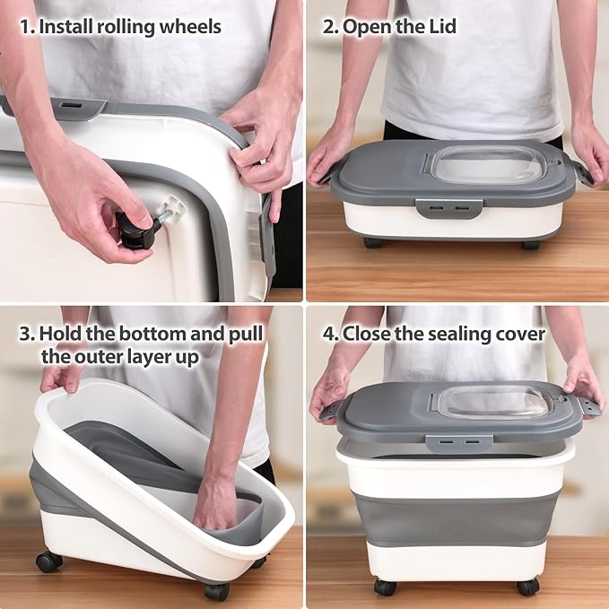 Dog Food Storage Container, 10-20Lbs Collapsible Pet Food Storage Containers with Rolling Wheel Airtight Locking Lid, Dry Food Storage Bin with Cup and Scoop,Suitable for Pet Food, Rice, Flour