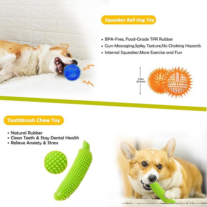 Dog Toys 25 Pack for Fun and Teeth Cleaning, Puppy Chew Toys Pack with Squeak Plush Toy,Squeaky Toy Balls,Tug of War and Rope Toys for Puppy to Small Dogs
