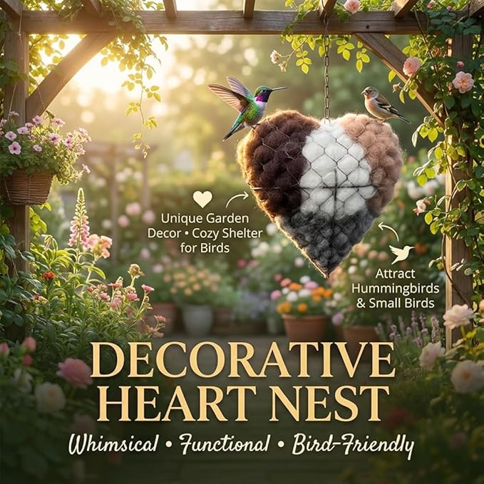 Handmade Fiber Bird Nesting Heart & Bird Nesting Material – Natural Filler for Bird Nest, Hummingbird Houses & Outdoor Shelters | Premium Bird Cage Accessories & Nesting Supplies