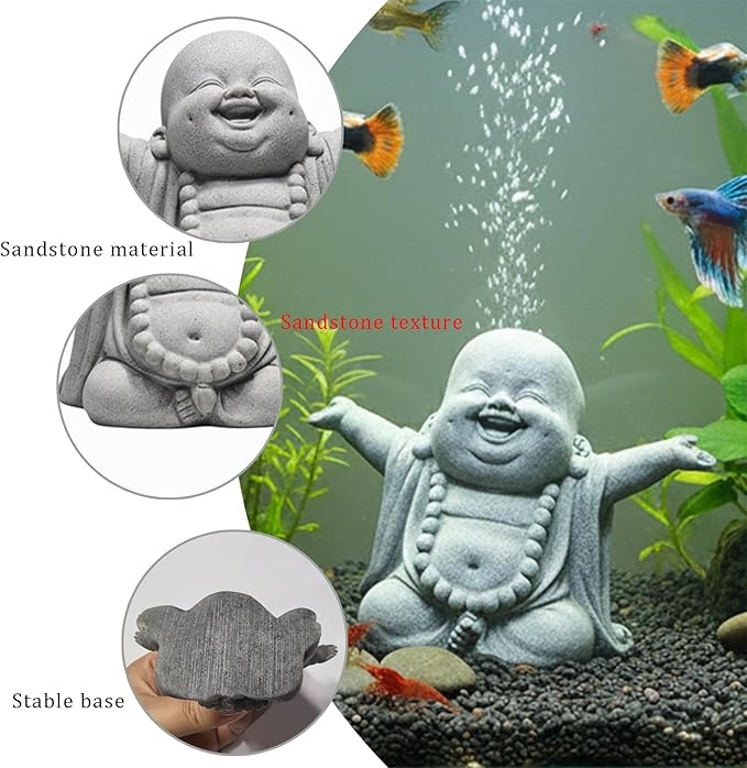 LIYAOLI Sandstone Laughing Buddha Statue for Fish Tank Decorations, Aquarium Decor Ornament, Betta Fish Tank Accessories, Zen Monk Sculpture for Wealth Good Luck Feng Shui, Home Office Car Decoration