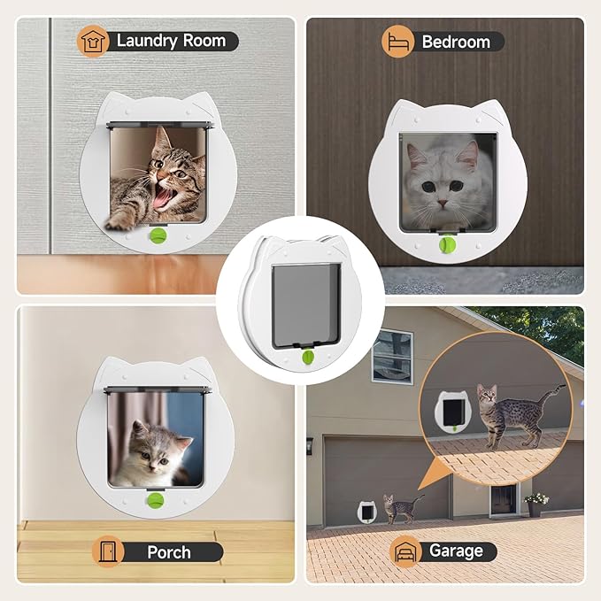 Cat Flap Door for Kitties, 4 Way Locking Pet Door for Interior Exterior Doors, Kitty Door, Indoor, Secured Installation in Minutes（White）