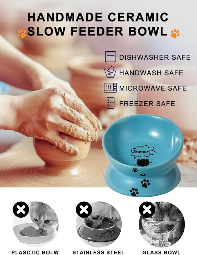 Y YHY Elevated Cat Food Bowl, Ceramic Raised Bowl, Tilt Angle Protects Cat's Spine, Anti Vomiting Dish, Backflow Prevention, Lake Blue