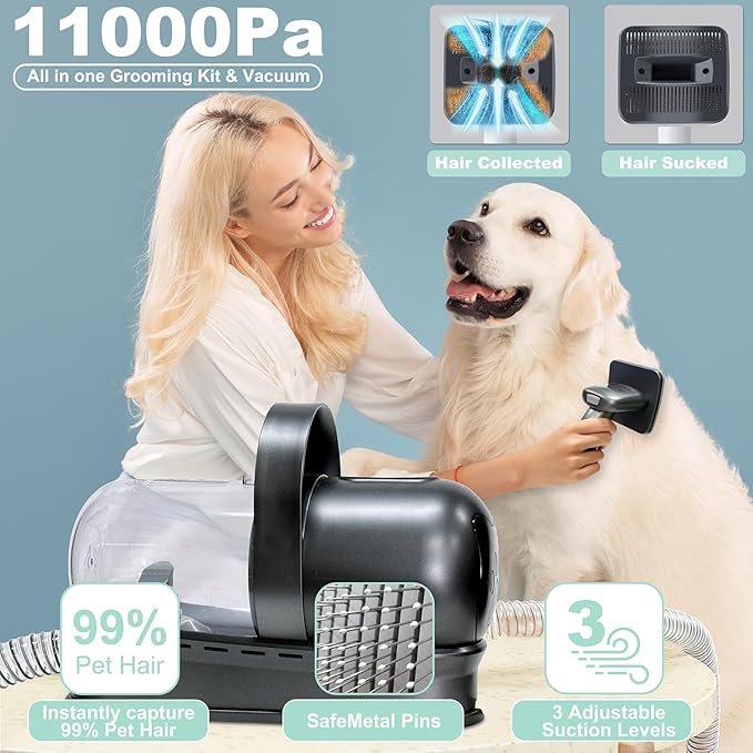 Pet Grooming Vacuum Kit for Dogs Cats, Uproot Cleaner Pro Pet Hair Remover Suction 99% Pet Hair, 7 in 1 Grooming Tools with Professional Clippers for All Furry Pets (Silver Gray)