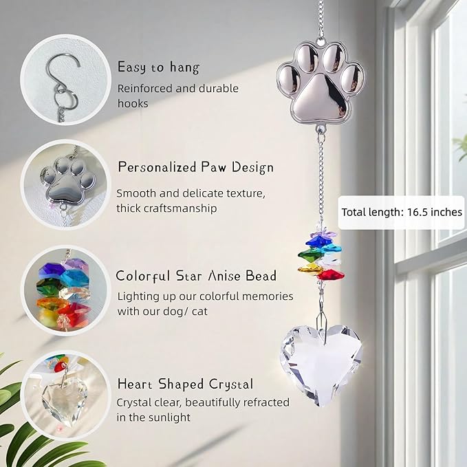 Pet Memorial Gifts Crystal Suncatcher: Dog Memorial Loss of Dog Sympathy Gift Pet Bereavement Ornament in Memory of Cat- Paw Shape Keepsake for Dogs Puppy Passing Away Remembrance (Heart)