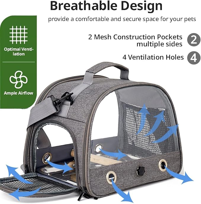 MANON ROSA Bird Carrier Travel Cage with Perch-Lightweight Breathable Parrot Backpack with Stand Tray Shoulder Strap for Small Pet Chinchillas Hamsters Squirrels Bunnies Kittens