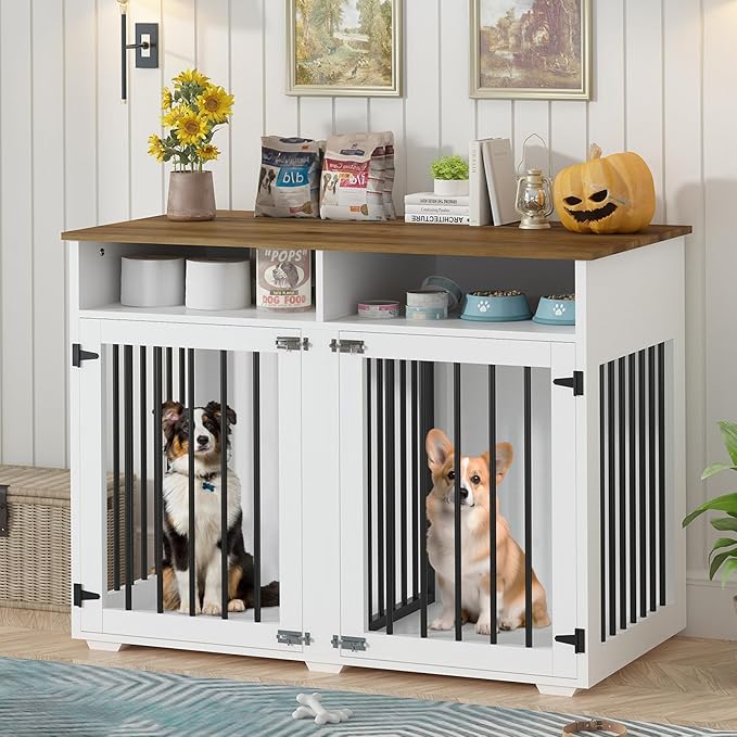 Furniture Dog Crate for Two Dogs, 41 Inch Farmhouse Style Dog Kennel with Removable Divider and Thickened Desktop, Heavy-Duty Base for Small to Medium Dogs, White