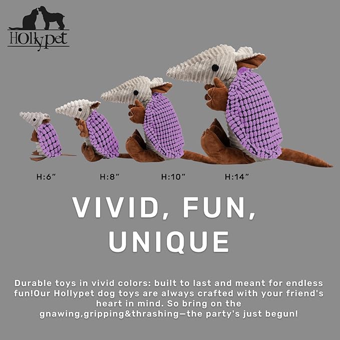 Hollypet Plush Dog Squeaky Toy Stuffed Armadillo Animal Pet Puppy Chew Toys with Clean Teeth for Small Medium Large All Breed Sizes Dogs, Purple, 6 in