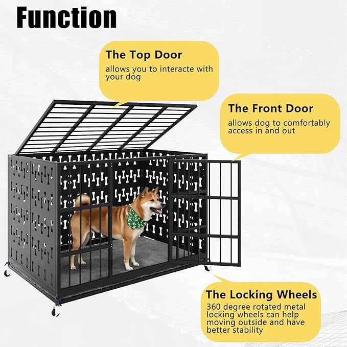 LEMBERI 48 inch Indestructible Heavy Duty Dog Crate with Cushion, High Anxiety Extra Large Dog Cage for Large Dogs, XL Steel Escape Proof Dog Kennel with Locking Wheels