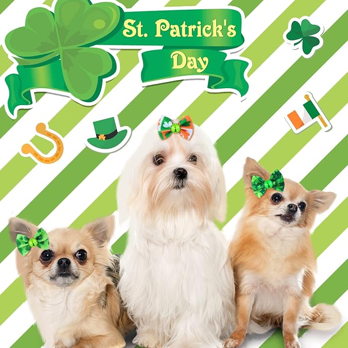 Tondiamo 100 Pack St. Patrick's Day Dog Hair Bows with Rubber Bands St. Patrick's Day Puppy Bows Rhinestone Pet Hair Accessories Dog Bows Grooming for Small Girl Dogs (Shamrock Pattern)