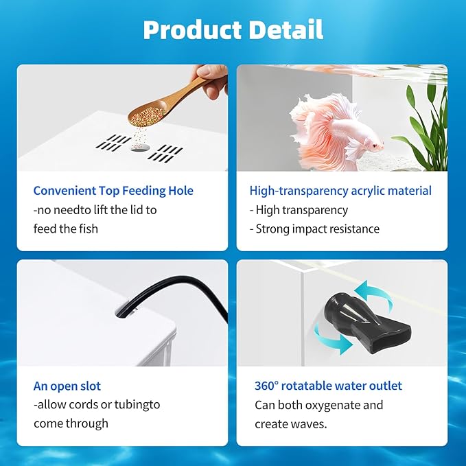 Small Fish Tank Betta 2.5 Gallon Desktop Aquarium Kit with LED Light and Water Pump & Black Filter Sponge & Bio Ball Filter Media Compact Aquarium for Betta Fish, Shrimp(White)