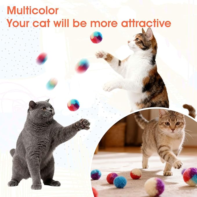 Xindojuz 20 PCS Cat Pom Pom Balls, Assorted Color Fur Toy Kitty Yarn Puffs, Small Plush Interactive Soft Fuzzy Kitty Toy Balls for Indoor Pet Cat Kitten Teething, Chasing & Self Play, 0.98 Inch
