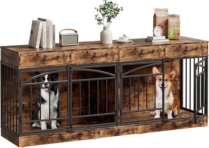GAOMON Dog Crate Furniture for 2 Dogs, 78.7'' Large Dog Kennel Indoor with 4 Storage Drawers and Feeding Bowls, Double Dog Crate TV Stand for Small and Medium Dogs, Brown
