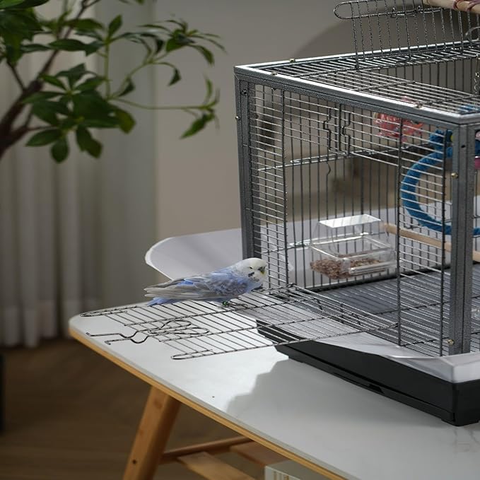 Spacious Metal Bird Cage with Pull-Out Tray, Carry Handles, Transparent Cups, Wooden Perches, Easy to Clean Bird Cage for Parakeets, Canaries, Cockatiels, Lovebirds, Conures, Budgies, 45x45x60cm