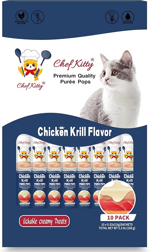 Cat Treats Lickable | Grain-Free Cat Food Toppers, High Protein | Creamy Puree Squeeze Ups with Vitamin E & Taurine, Digestible Formula | 0.5 oz. Each Tube, Chicken with Krill Recipe | 10 Tubes