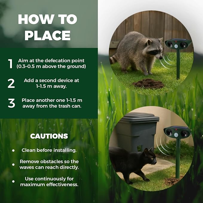 Upgraded Solar Ultrasonic Animal Repellent Outdoor (Pack 2pcs) - Cat Repellent Outdoor, Squirrel, Deer, Raccoon, Pest Repeller - Keep Skunk Away Motion Detection with Flash Light for Yard Garden Lawn
