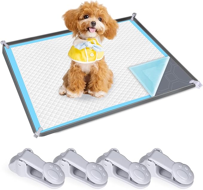 Dog Pee Pad Holder, Dog Potty Tray Silicone Puppy Pad Holder Tray Fits for 37.4" x 25.4" Training Pads, Puppy Potty Tray With 4 Clamps No Spill Raised Lip High Edge for Floor Protection (Grey)