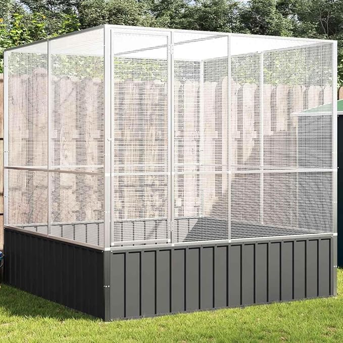 vidaXL Aviary Silver - 83.1"x81.5"x83.5" Galvanized Steel Bird/Parrot Cage - Spacious, Sturdy, Mesh Grid, Lockable Door for Safety