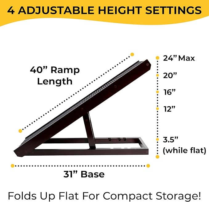 AlphaPaw - Original Natural Wood PawRamp for Small & Large Dogs - No Assembly Required - Adjustable Height Pet Ramp for Bed, Couch, Stairs (Dark Brown)