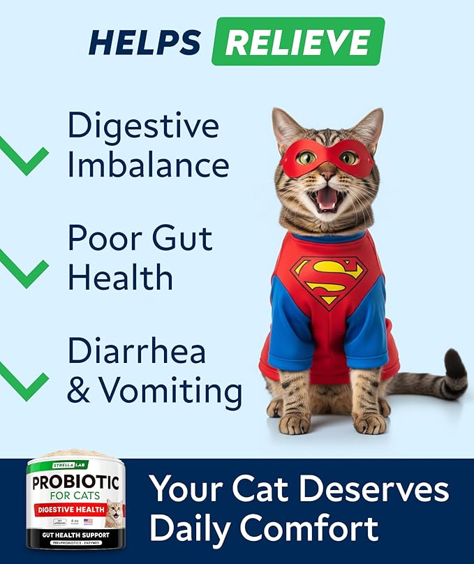 StrellaLab Cat Probiotic Powder - Probiotics for Cats with Diarrhea - Easy to Mix Powder - Cat Probiotics for Indoor Cats, Health Supplies Food Supplement, Pet Probiotics, Digestive Support (4 oz)