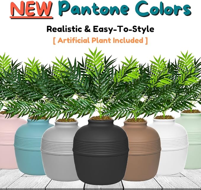 Good Pet Stuff Hidden Litter Box Planter, Decorative Cat Litter Enclosure with Carbon Filter, Artificial Plant, Easy Clean, Removable Liner, Round Style, Essentials Kit, Matte Black
