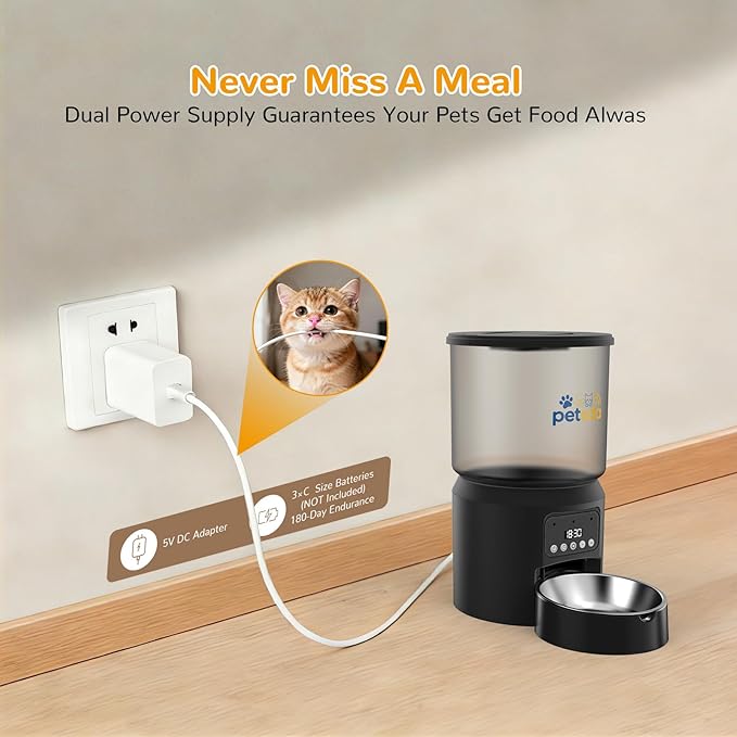 Automatic Cat Feeders, 4L Timed Cat Dry Food Dispenser Auto Pet Feeder for Cats and Small Dogs Dual Power Supply 9 Meals Programmable 1-15 Portion Per Day with Stainless Bowl Easy Clean