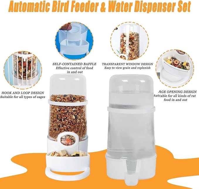 2 Pieces Bird Feeder Water Dispenser, Automatic Bird Feeder and Drinker Set for Cage, No Mess Hanging Parrot Food Bowl, Parakeet Cage Accessories for Hamsters,Pigeons,Parrot (B)