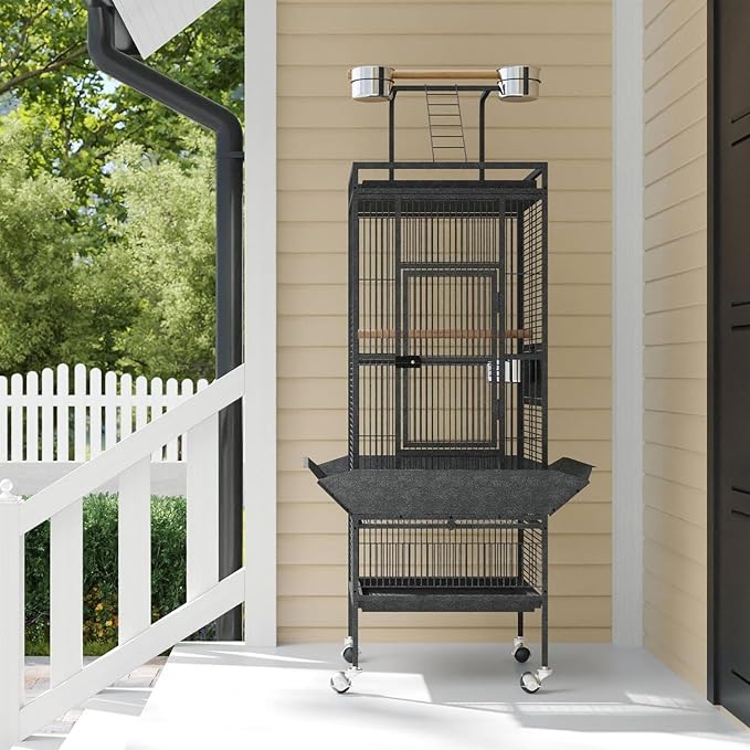 61" Large Bird Cage, Metal Parrot Cage with Play Top, Rolling Stand & Bowls - Bird Aviary for Macaws, Cockatoos, Conures, Black