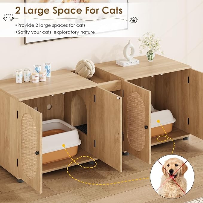 GarveeHome Large Cat Litter Box Enclosure Furniture, 55.1" Double Litter Cabinet for Two Cats with Hidden Design, Rattan Door Cat Box House with Storage, Wood, Rattan Door