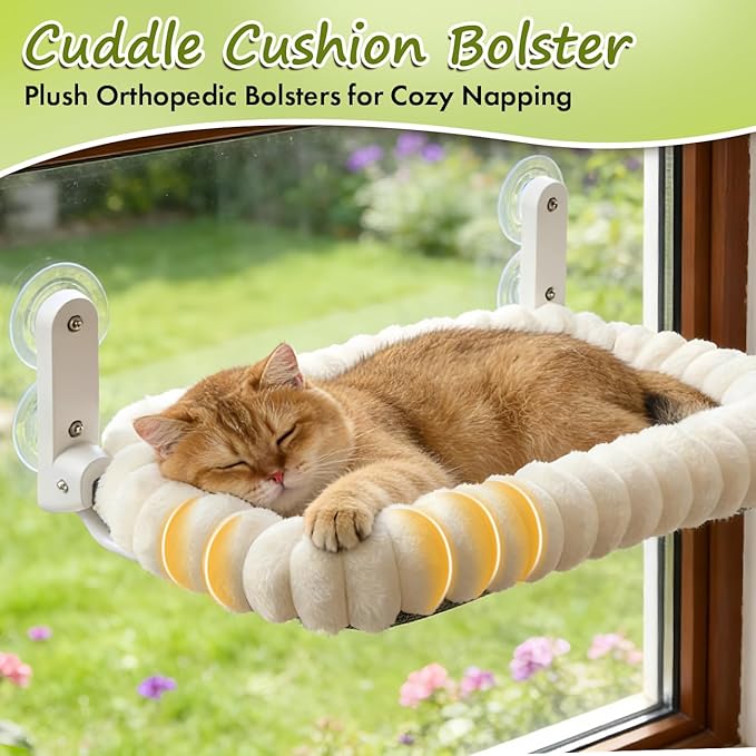 2PC Cat Window Perch with Bolster Foldable Cat Hammock Cushion Bed for Window with Metal Frame, Cloud-Cuddle Cordless Window Resting Seat for Indoor Cats (Cushion Bed, White-M)