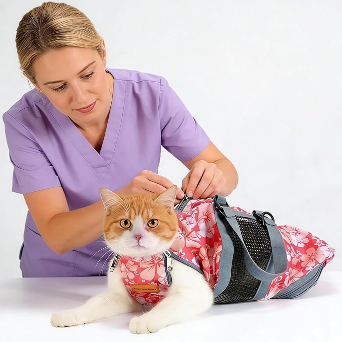 Cinf Cat Nail Clipping Cleaning Grooming Restraint Bag No Scratching Biting for Bathing Nail Trimming Injecting Examining(Flower,M)