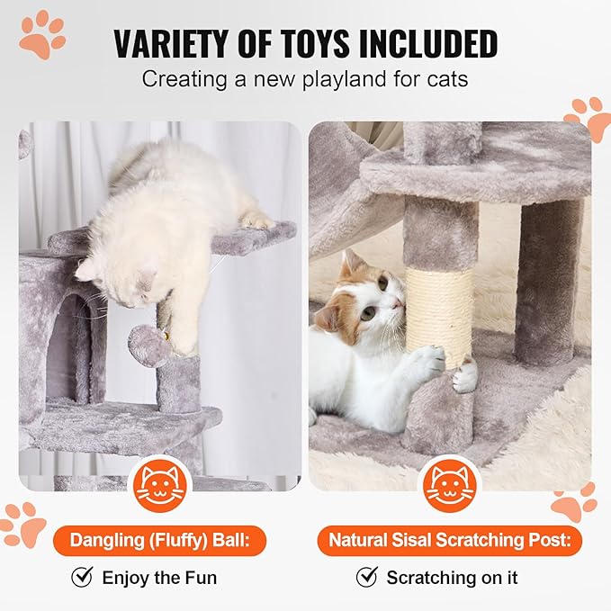 VEVOR Cat Tree for Indoor Cats, 63" Cat Tower with 2 Cat Condos, Sisal Scratching Post, Hammock, Top Perch, Jumping Platforms, Large Cat Furniture Activity Center with Hang Ball, Light Grey