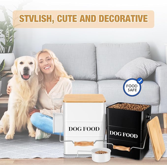 Tioncy 2 Pcs Metal Dog Food Storage Containers Total 10-14 Lbs (50 Cup) Capacity, Airtight Pet Food Canister with Bamboo Lids Scoop DIY Labels Dog Treat Storage Jars for Kitchen Counter(Black，white)