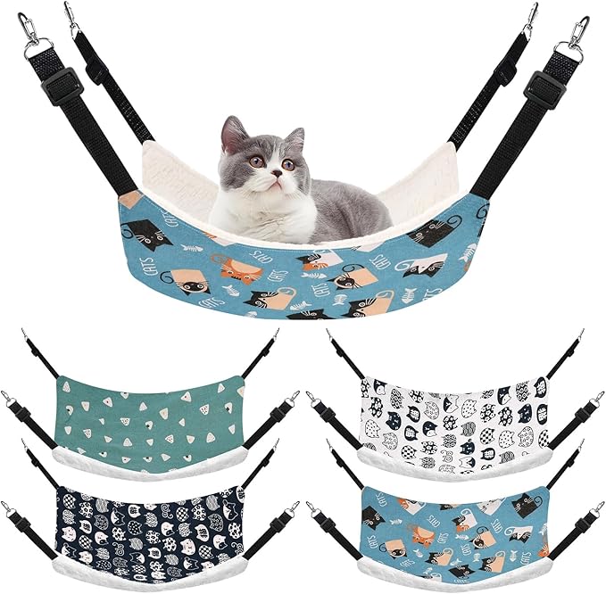 4 Pack Cat Hammock for Cage, Reversible Cat Hanging Hammock Soft Large Double Sided Pet Bed with Adjustable Straps & Metal Hooks for Cats Ferret Kitten Puppy Rabbits Small Animals