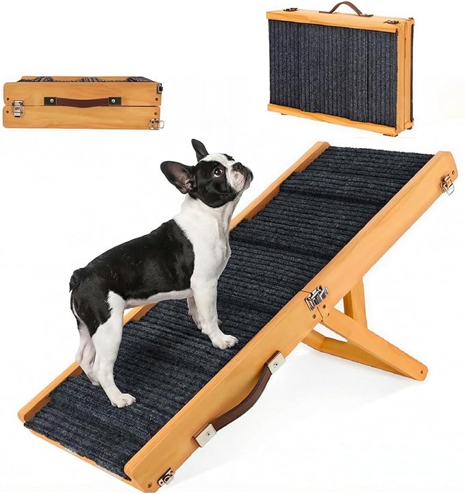 Dog Ramp for Couch & Bed for Small Dogs, Foldable Small Dog Ramps for Sofa - 31.5" LX12 W, 4 Adjustable Height, Portable, Stable, Non-Slip, Carry Handle, Walnut