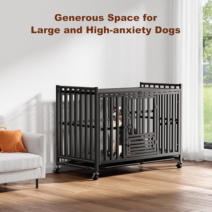 Heavy Duty Dog Crate, Reinforced Thickened Steel Frame Indestructible Kennel for Large & High Anxiety Dogs, Escape Proof Design with 3 Doors, 4 Lockable Wheels and 2 Removable Trays (42inch)